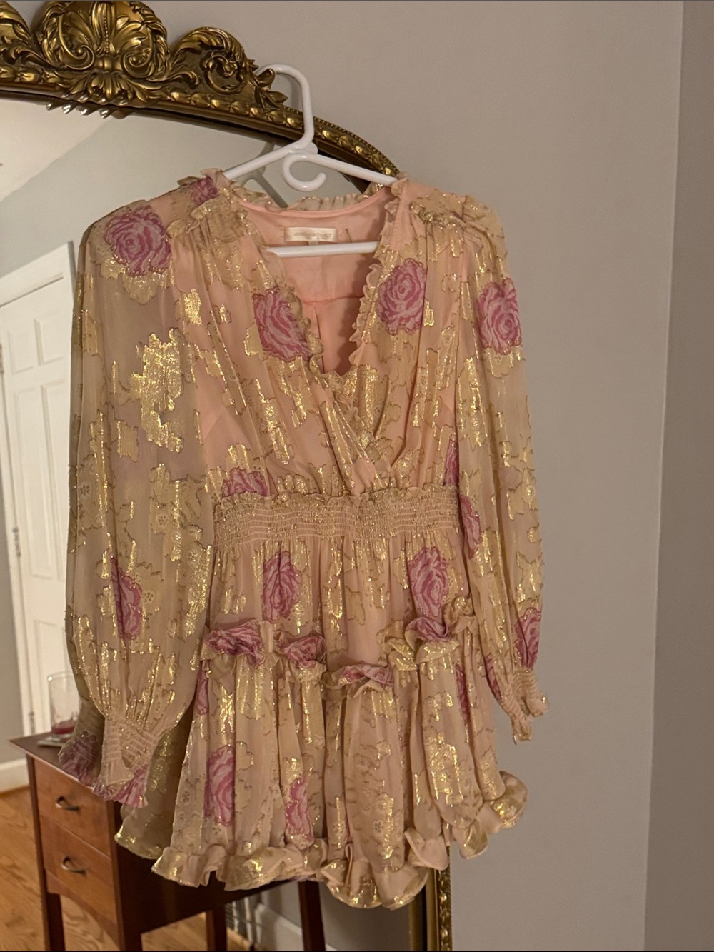 LoveShackFancy Soft Pink Dress with Gold Trim